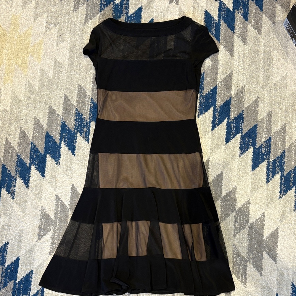 Joseph Ribkoff Black and Brown Mesh Panel Midi Dress